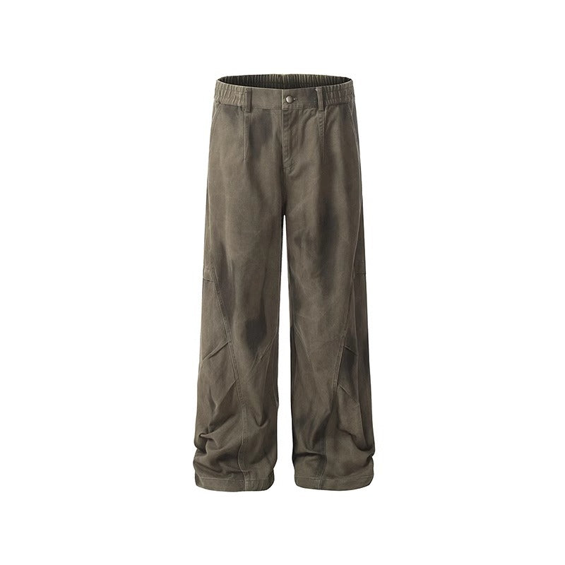 Stylish Design Pleated Distressed Cargo Jeans for Men Loose Fit, Vintage Wash, Versatile Long Pants