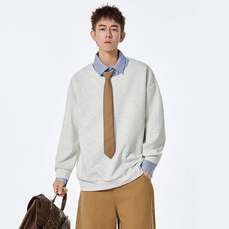 Mock Two-Piece Polo Shirt for Men, Autumn Fashion Brand College Style Turn-Down Collar Sweatshirt Inner Layer Top Underwear