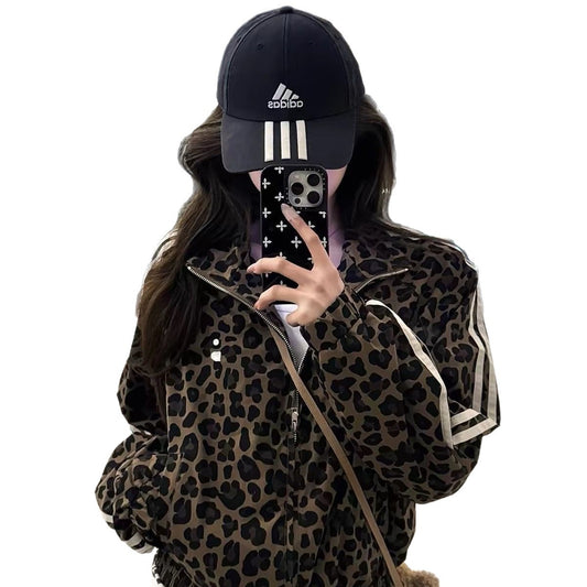 Retro Leopard Print Stand Collar Zip-Up Hoodie for Women
