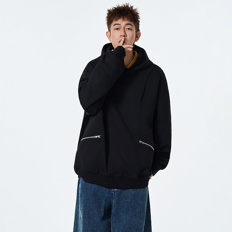 Zipper Pocket Hoodie Men's Long Sleeve Spring Autumn Casual Loose Fit with Pockets Hooded Outerwear