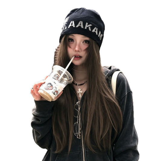Washed Distressed Black Hooded Sweatshirt Jacket for Women