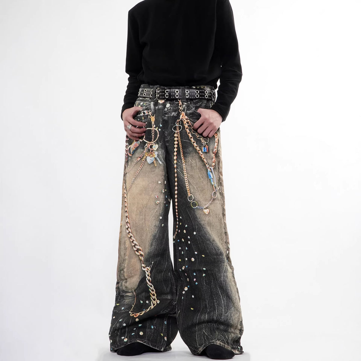 Heavyweight Printed Streetwear Denim Pants with Chain Detail Straight Leg Long Trousers for Men and Women