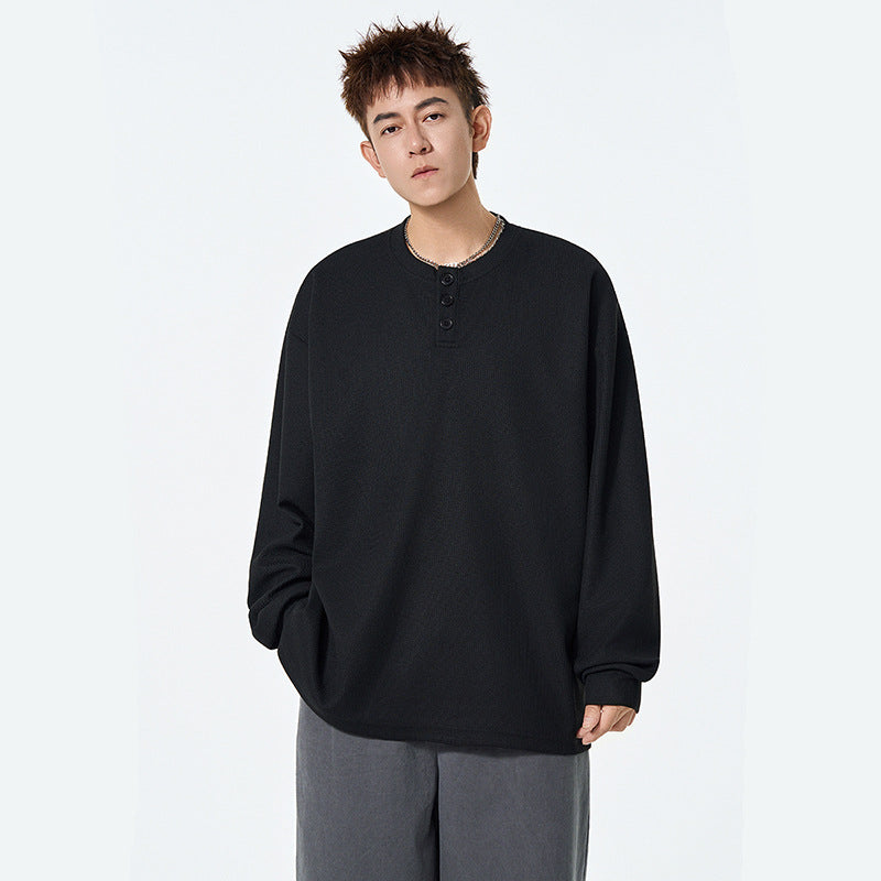 Slim Fit Waffle Knit Henley Neck Long Sleeve T-Shirt Men's Autumn New Casual Versatile Basic Inner Layer Pullover Sweatshirt