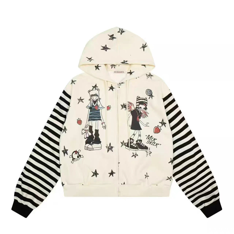 Retro Subculture Cartoon Print Striped Hoodie Women's Loose Soft Girl Cardigan Coat