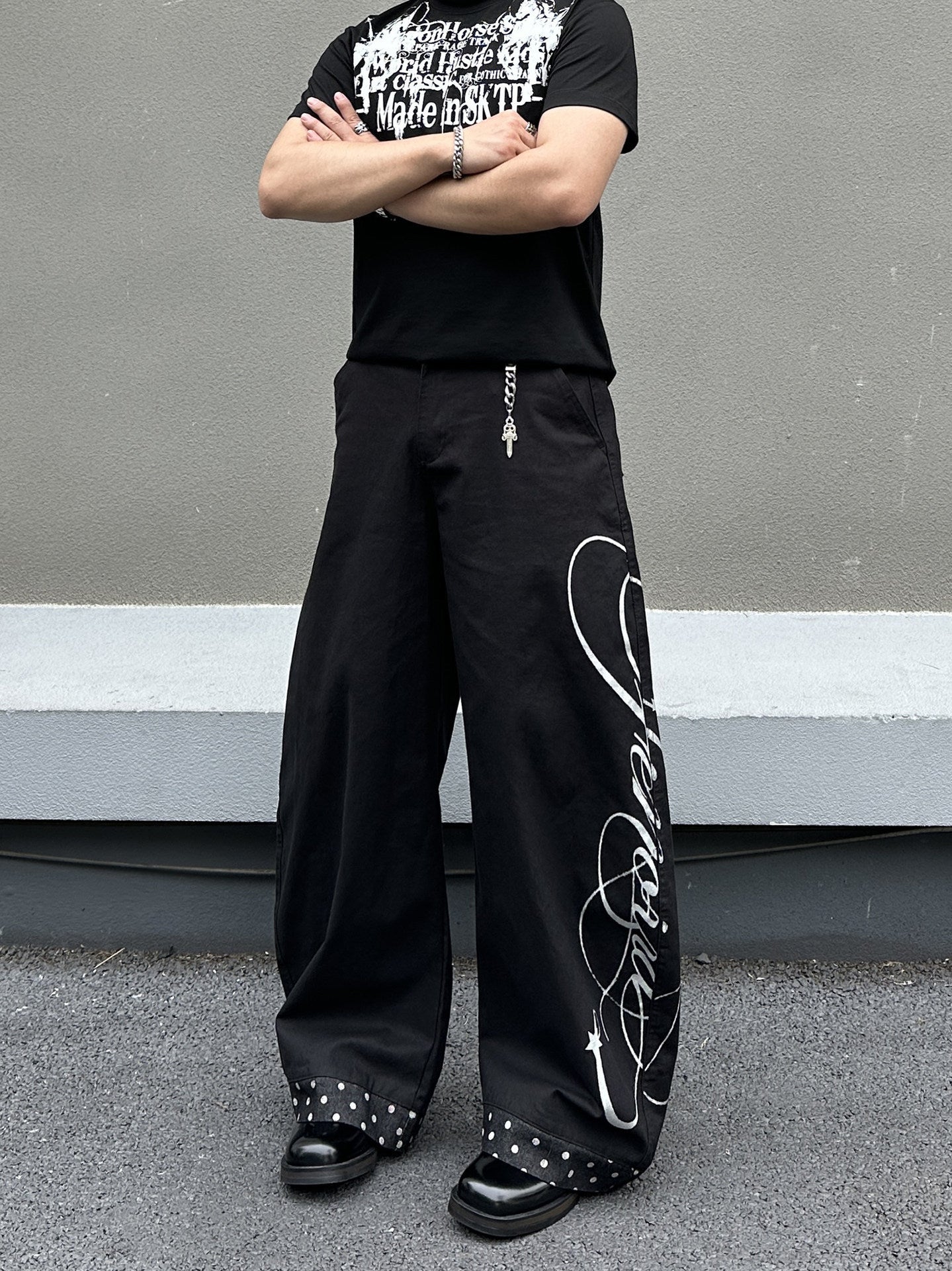 Street Style Black Patchwork Polka Dot Print Men's Loose Wide-Leg Jeans, Cool Casual Flared Denim Pants