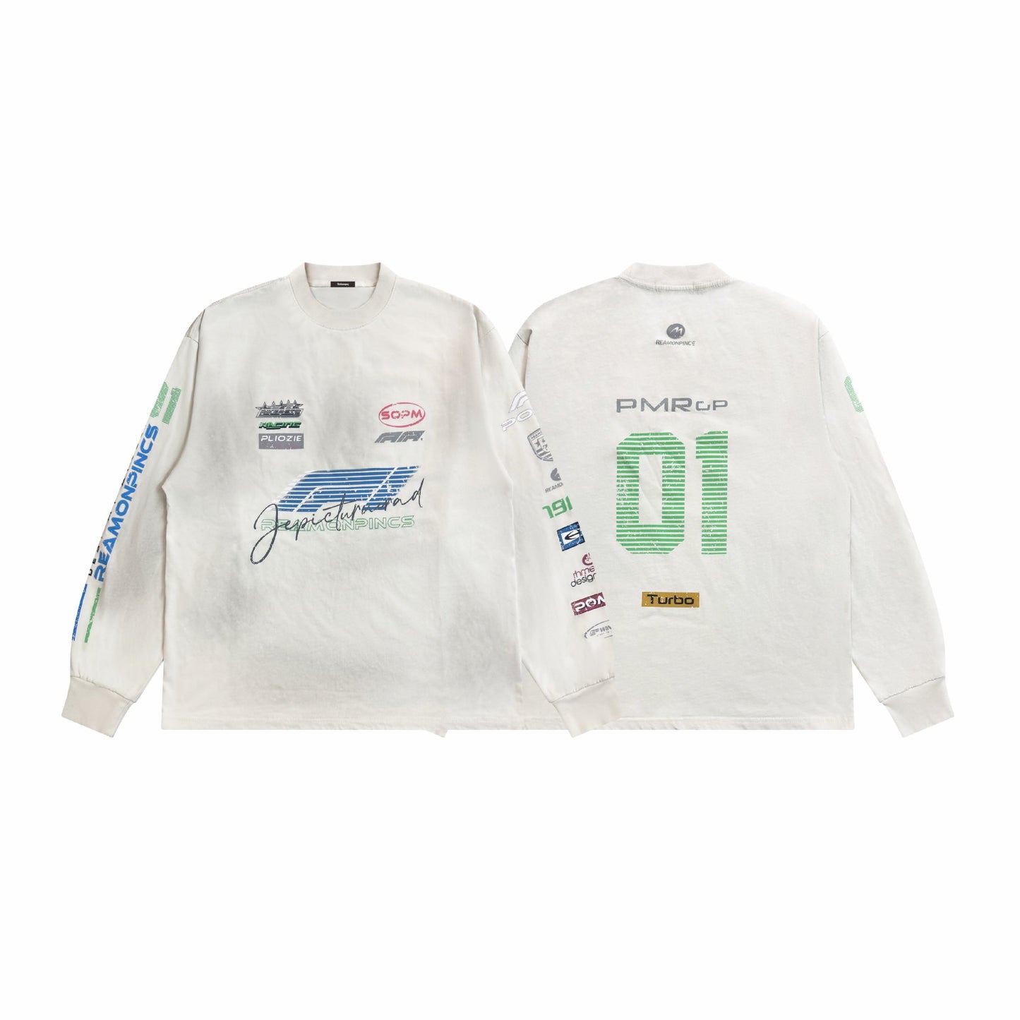 Graffiti Patch Washed Spray Color Distressed Crew Neck Long Sleeve T-Shirt