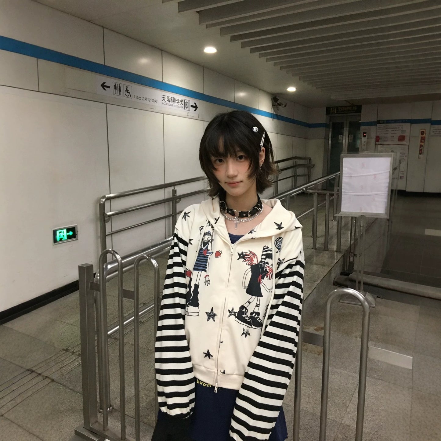 Retro Subculture Cartoon Print Striped Hoodie Women's Loose Soft Girl Cardigan Coat